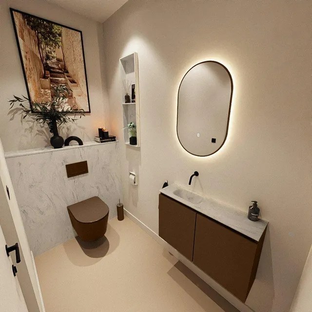 MONDIAZ TURE-DLUX 80cm toiletmeubel Rust. EDEN wastafel Opalo positie links. Zonder kraangat. TUREDX80RUSL0OPA