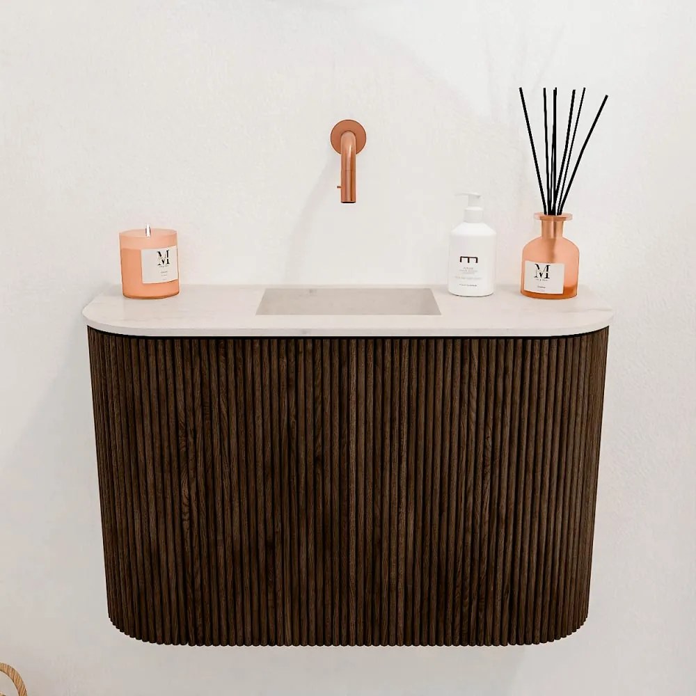 Mondiaz Joya DLux 65cm toiletmeubel ronding links/rechts walnut met wastafel faye midden zonder kraangat meli