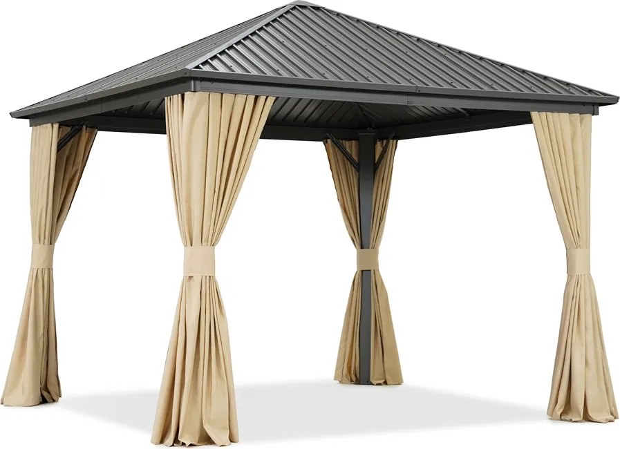 Metalen tuinhuisje Sardinia 4x4 met gordijnen Garden Point beige