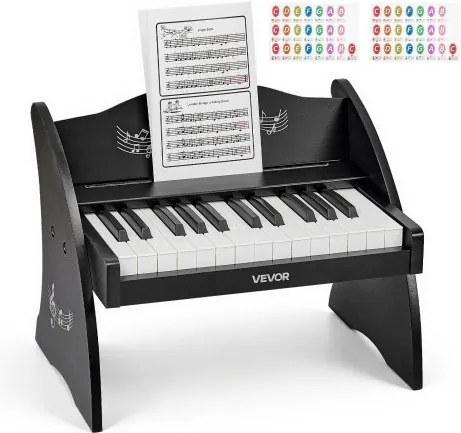 VEVOR Kinderkeyboard, 25 toetsen, Digitale houten piano, Houten piano voor kinderen vanaf 3 jaar, Mini muziekinstrument met realistisch geluid, Dubbele voeding, Instelbaar volume, Vroegtijdige muzikale educatie, Zwart