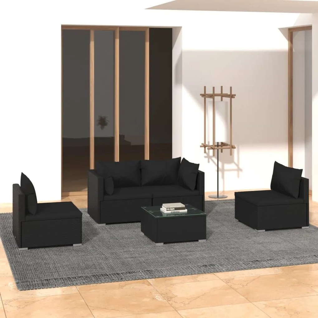 vidaXL 5-delige Loungeset met kussens poly rattan zwart