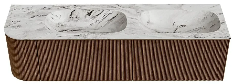 Mondiaz Kurve-dlux 165cm badmeubel ronding links walnut met 2 lades en 1 deur en wastafel stor small dubbel/rechts zonder kraangat glace