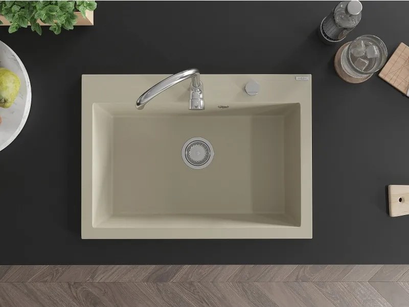 Mexen Elix granieten gootsteen 1-kamerig 700 x 500 mm, beige, chromen sifon - 6526701005-69