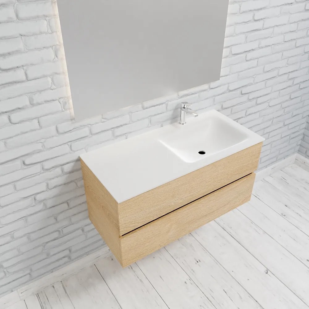 Zaro Valencia Solid Surface badmeubel 100cm licht eiken 1 kraangat spoelbak rechts met 2 lades