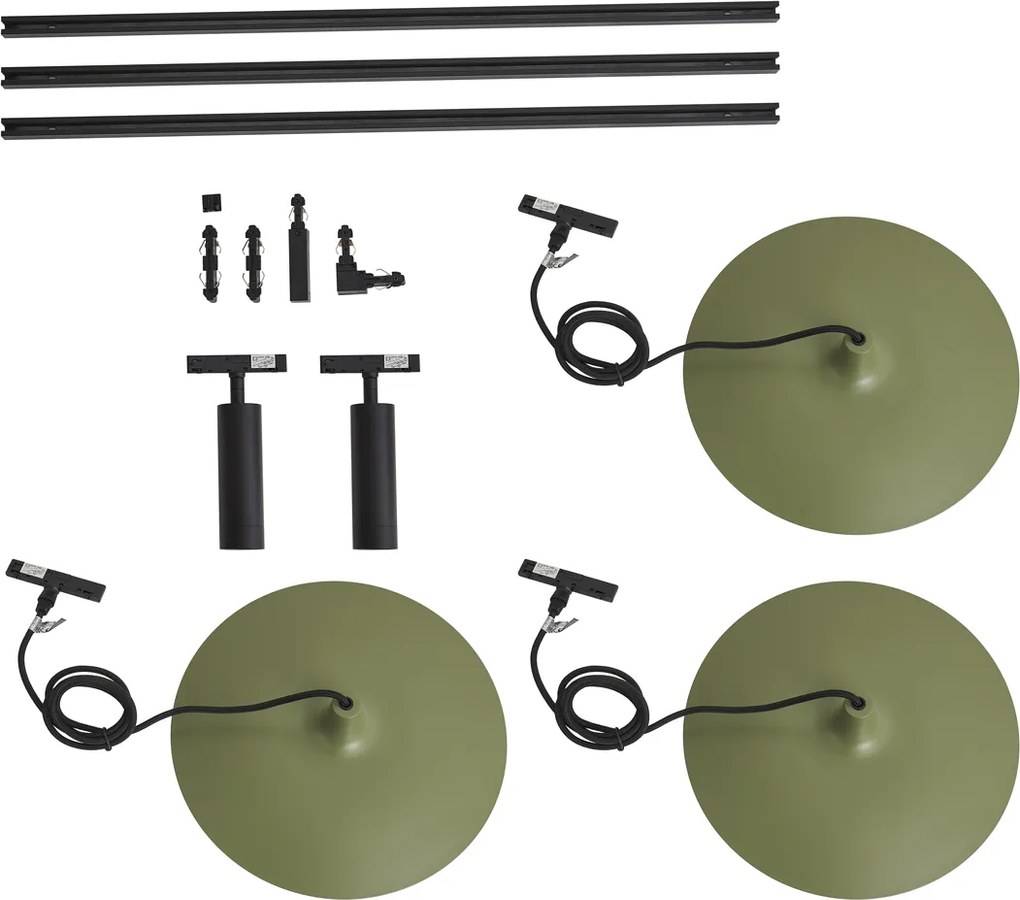 Modern railsysteem zwart met 2 spots en 3 hanglampen groen 1-fase - Slimline Uzzy Panzi