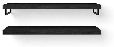 Looox Wood collection Duo wandplanken 140x46cm - 2 stuks - Met handdoekhouders zwart mat - massief eiken Black WBDUO140BLMZ