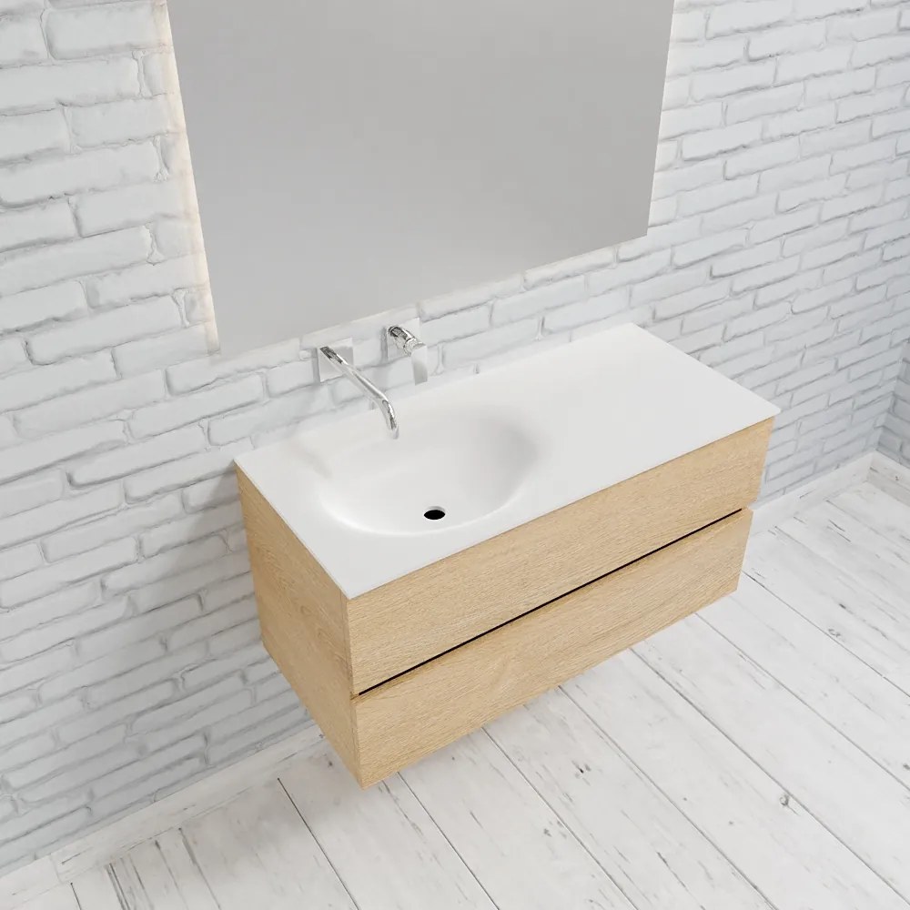 Zaro Sevilla Solid Surface badmeubel 100cm licht eiken zonder kraangat spoelbak links met 2 lades