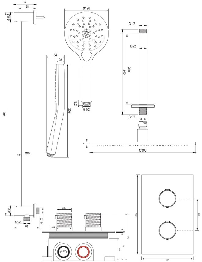 Brauer Gunmetal Carving complete inbouw regendouche set 48 met 30cm douchekop, plafondarm, 3 standen handdouche en glijstang gunmetal geborsteld PVD