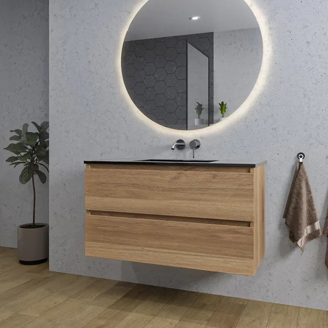 Adema Chaci Badkamermeubelset - 100x46x57cm - 1 keramische wasbak zwart - zonder kraangaten - 2 lades - ronde spiegel met verlichting - eiken SW718702/SW773932/SW161922