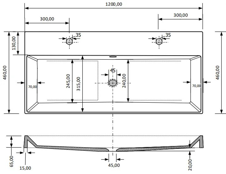 SaniGoods Kolo wastafel 120cm met 2 kraangaten mat leigrijs