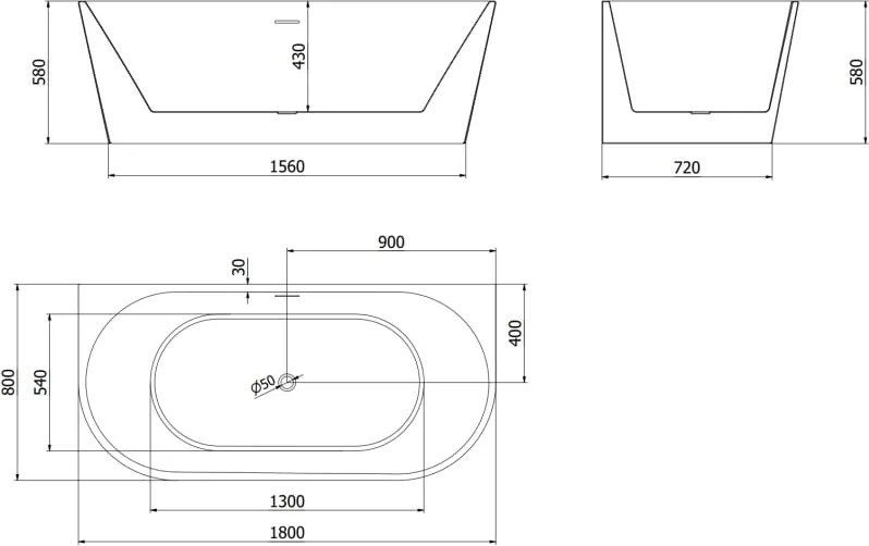 Mexen Oval vrijstaande tegen de muur geplaatste ligbad 180 x 80 cm, wit, zwarte overloop - 52671808000-70