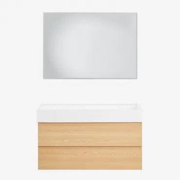 Ona Zwevend Badkamermeubelset Van Hout En Essenfineer Met Geïntegreerde Wastafel Natuurlijk Hout & Rechthoekige Led En Anticondens 100x70 Cm Riben & Z