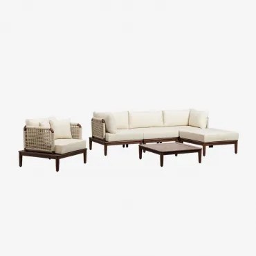 Tuinset Met Modulaire 3-delige Bank Met 2 Hoekfauteuils, Poef, Fauteuil En Salontafel Van Acaciahout Giulia Donker Acaciabruin - Sklum