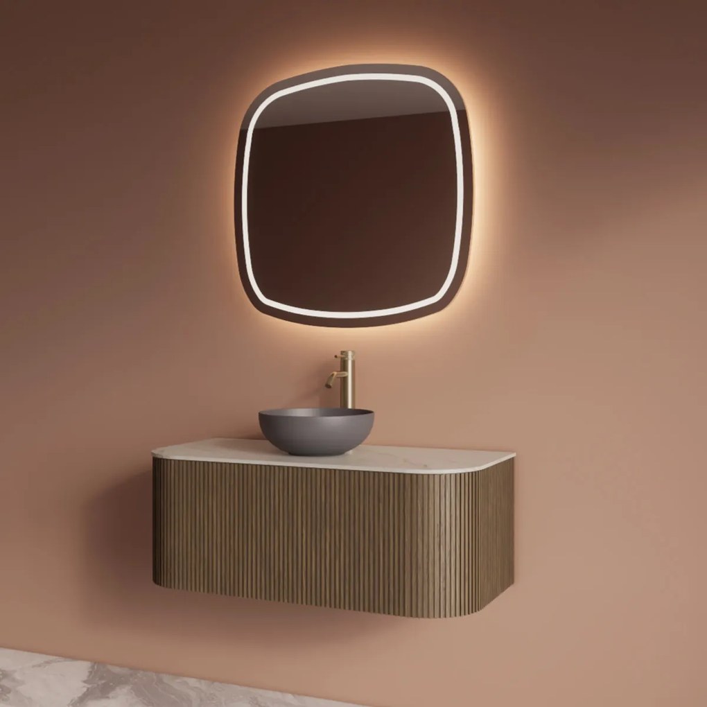 Gliss Design Alluro badmeubel ribbelfront met ronding links/rechts 100cm ash grey en wit marmer toppaneel
