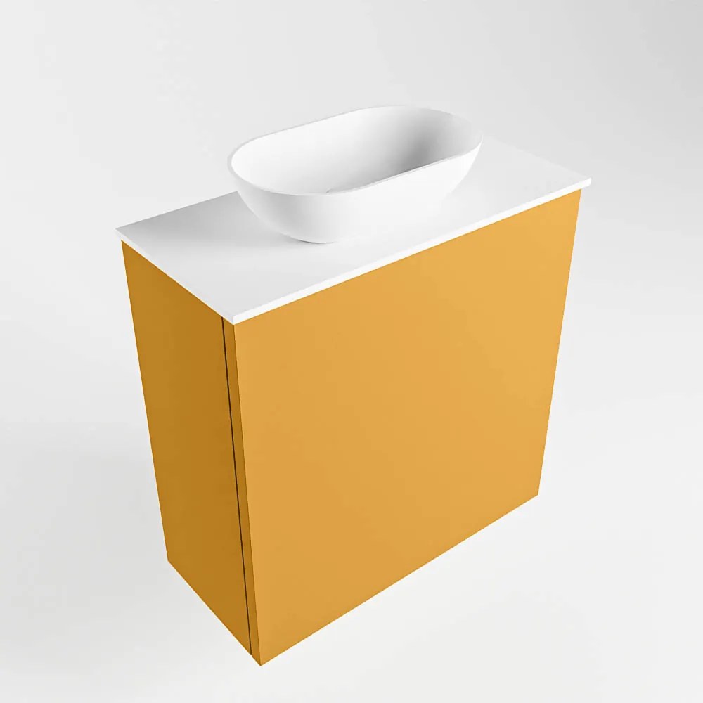 Mondiaz Fowy toiletmeubel 50cm ocher met witte waskom links en kraangat