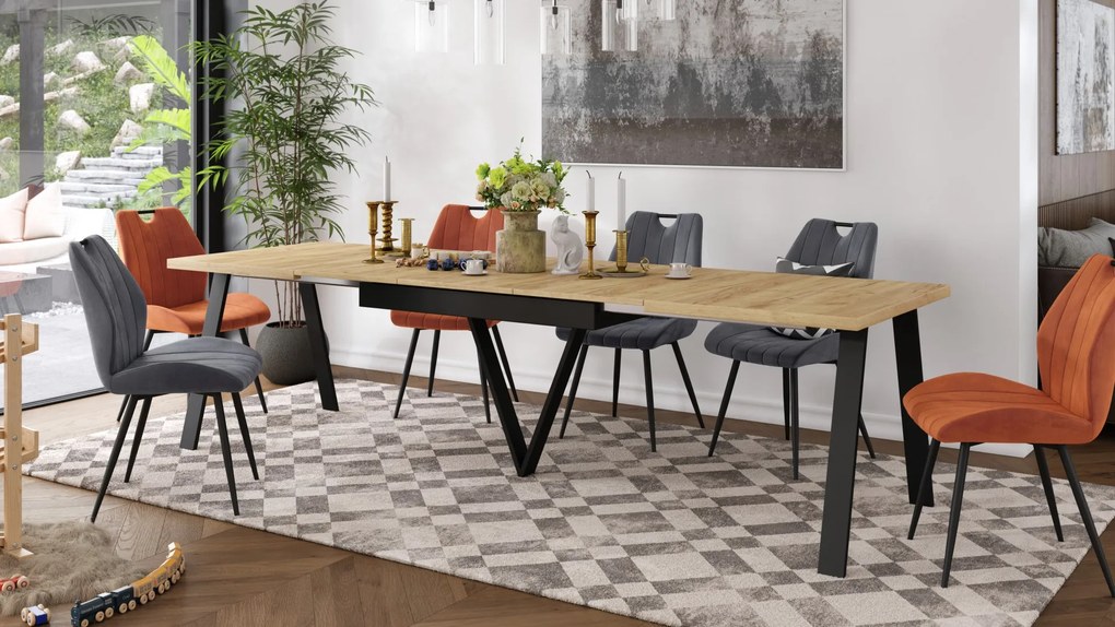 AVERY eik Craft goud/onderkant zwart - LOFT/INDUSTRIËLE TAFEL VOOR WOONKAMER / EETKAMER UITKLAPBAAR TOT 290 cm!