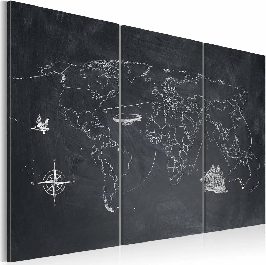 Schilderij - Wereldkaart - Reis rond de Wereld, Krijtbord Look, Zwart-Wit, 3luik