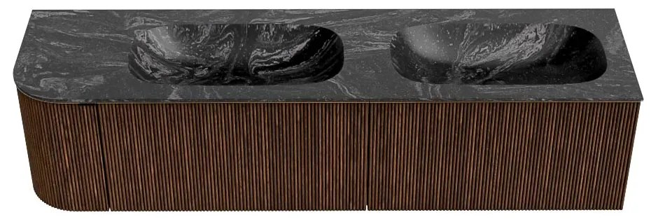Mondiaz Kurve-dlux 175cm badmeubel ronding links walnut met 2 lades en 1 deur en wastafel stor small dubbel/rechts 2 kraangaten lava