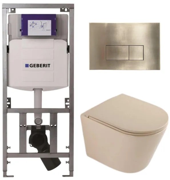 QeramiQ Dely Toiletset - 36.3x51.7cm - diepspoel - rimless - Geberit UP320 inbouwreservoir - softclose toilet zitting - geborsteld messing bedieningsplaat - rechthoekige knoppen - mat beige SW1000764/SW1000770/0701131/SW706201