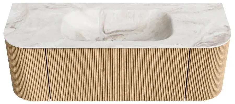 Mondiaz Kurve-dlux 130cm badmeubel ronding links/rechts oak met 1 lade en 2 deuren en wastafel big small midden zonder kraangat frappe