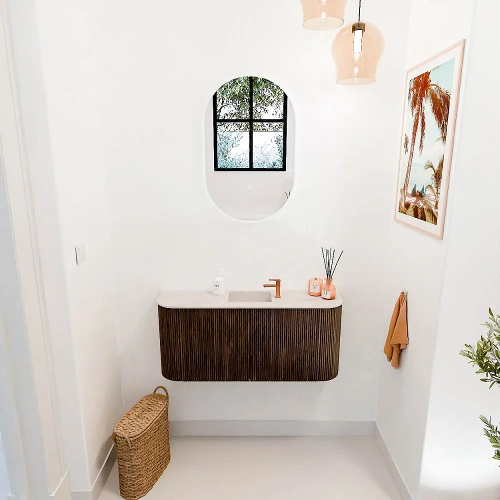 Mondiaz Joya DLux 95cm toiletmeubel ronding links/rechts walnut met wastafel faye midden 1 kraangat meli
