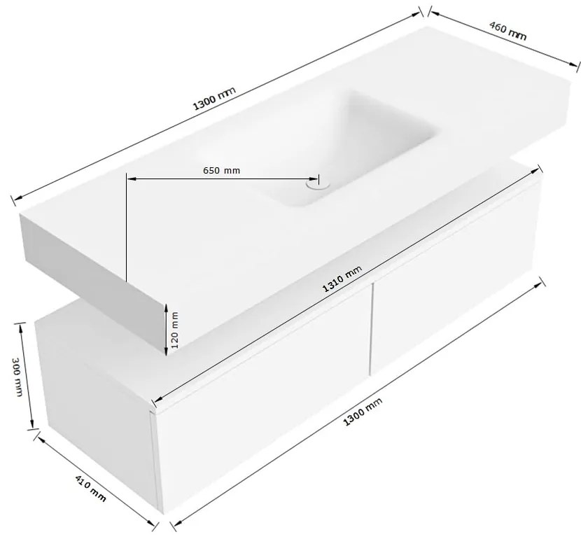 Zaro Alan badmeubel 130cm talc 2 lades met vrijhangende wastafel cloud midden 1 kraangat urban