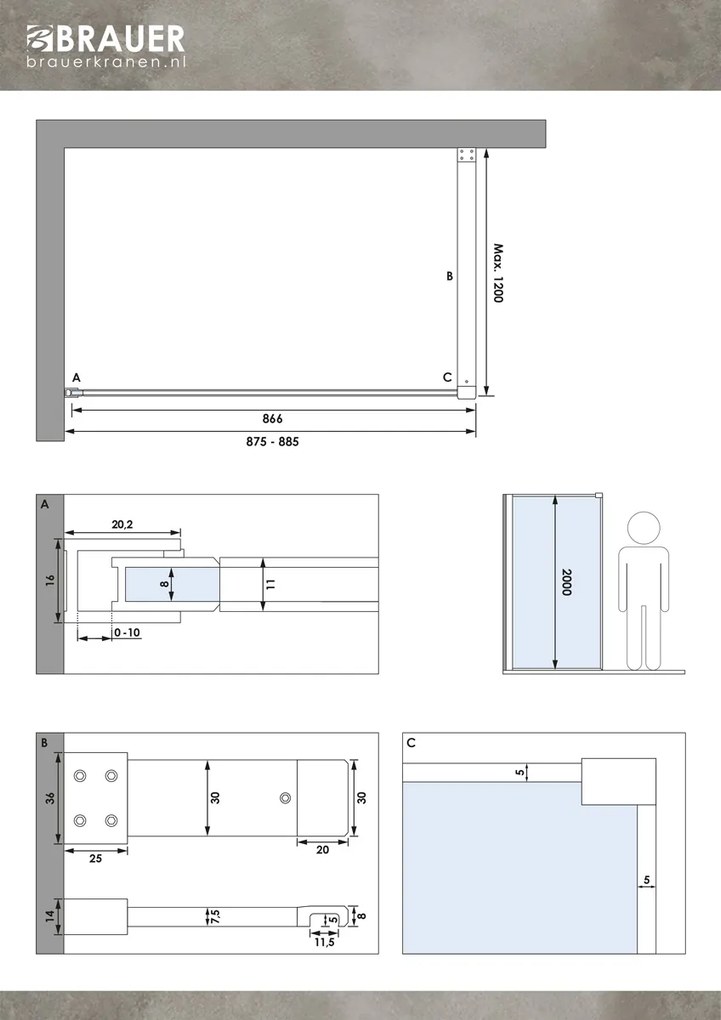 Brauer Copper Frame inloopdouche helder glas 90x200 met muurprofiel en lijst rondom koper geborsteld