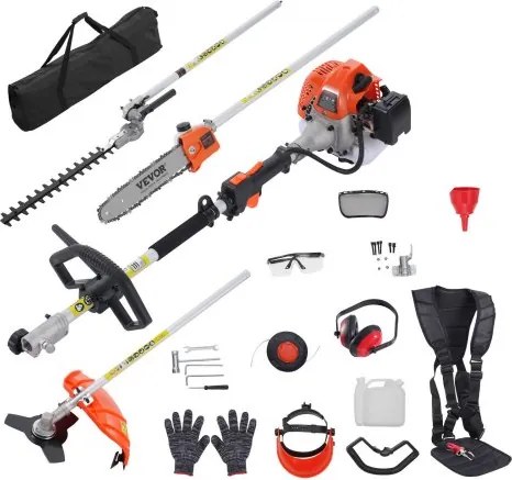 VEVOR 26CC 5-in-1 multifunctionele heggenschaar, benzineheggenschaar, onkruidverdelger, draadtrimmer, kantenmaaier, stoksnoeischaar, kettingzaag, snoeischaar met verlengstok