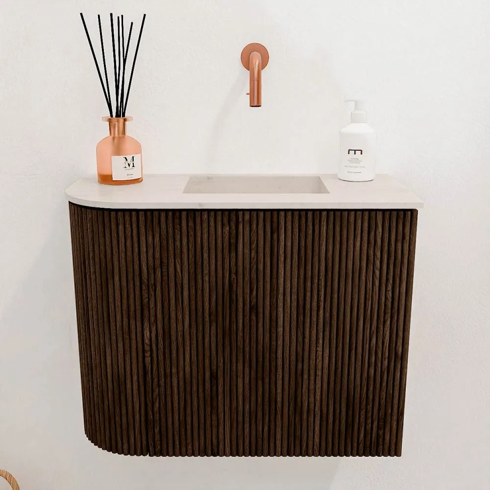 Mondiaz Joya DLux 50cm toiletmeubel ronding links walnut met wastafel faye rechts zonder kraangat meli