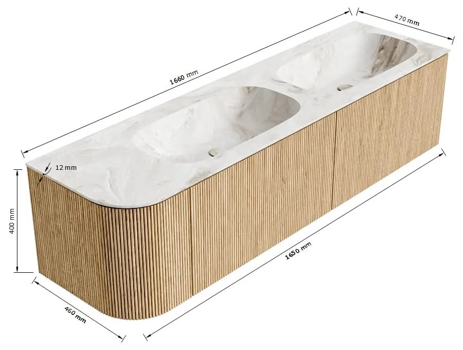 Mondiaz Kurve-dlux 165cm badmeubel ronding links oak met 2 lades en 1 deur en wastafel stor small dubbel/rechts 2 kraangaten opalo