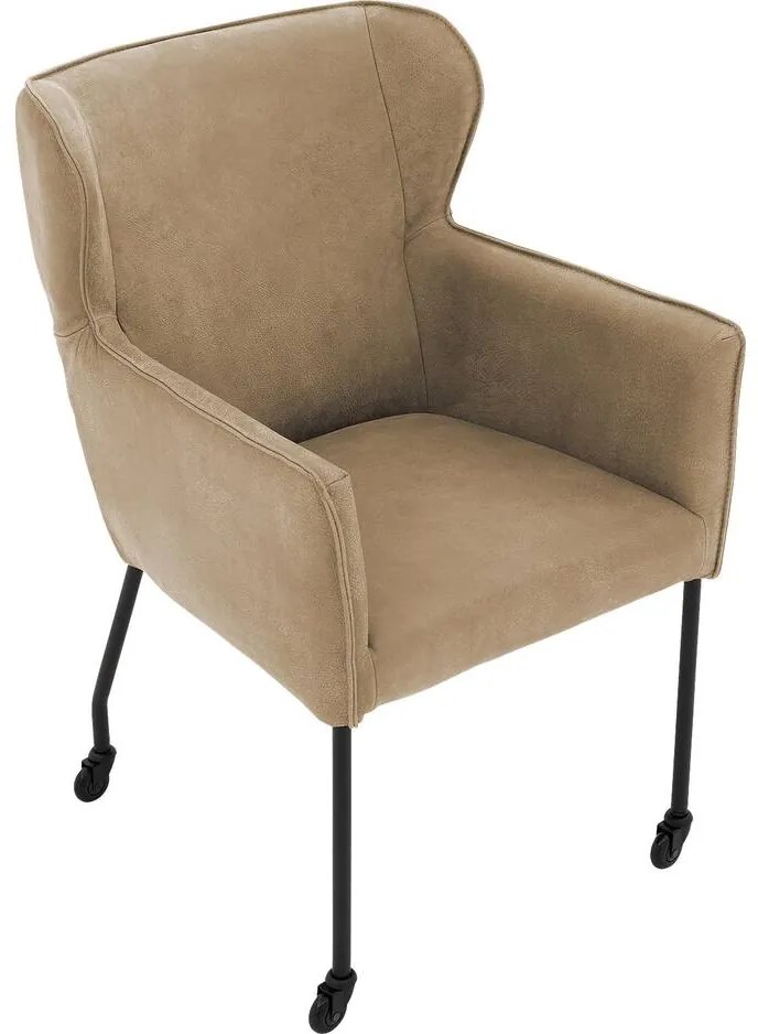 Goossens Excellent Eetkamerstoel Leogang bruin leer met armleuning en Zwart skater wiel met zwarte kapmet wielen, elegant chic