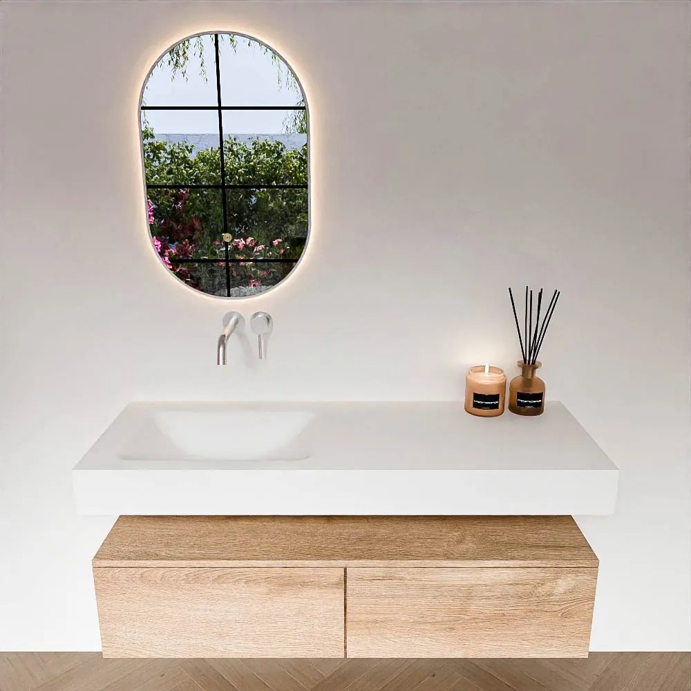 Zaro Alan badmeubel 130cm washed oak 2 lades met vrijhangende wastafel cloud links zonder kraangat talc