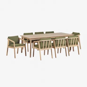Kaela Rechthoekige Tafelset (220x100 Cm) En 8 Acaciahouten Eetkamerstoelen Lichte Acaciekleur & Bouclé Leger Groen - Sklum