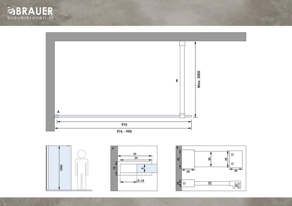 Brauer Gold Season inloopdouche helder glas 100x200 met muurprofiel goud geborsteld