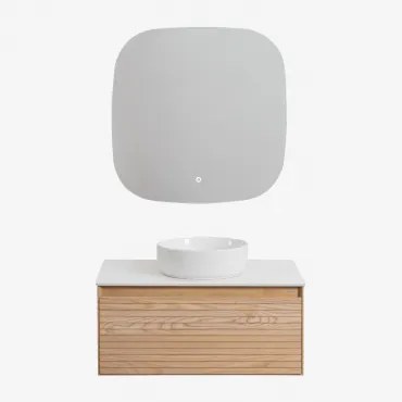 Tedrik Zwevend Badkamermeubelset Van Essenhout Ash Brown & Rond Keramiek Wit Ø40 Cm Lenka & Vierkant Led En Anticondens 75x75 Cm Riben & Zonder -