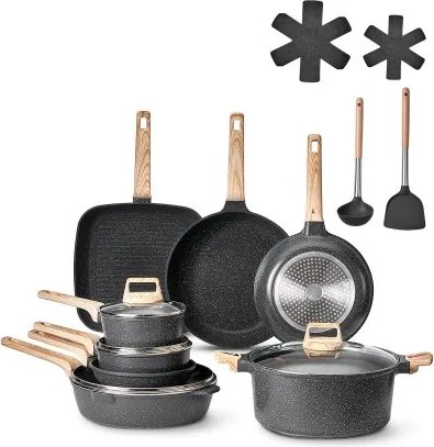 VEVOR Inductiepannenset (19 stuks) met glazen deksels, antiaanbak kookgerei, inductiekookpannen voor de camperkeuken om te frituren, sauzen te kruiden en te koken (zwart)