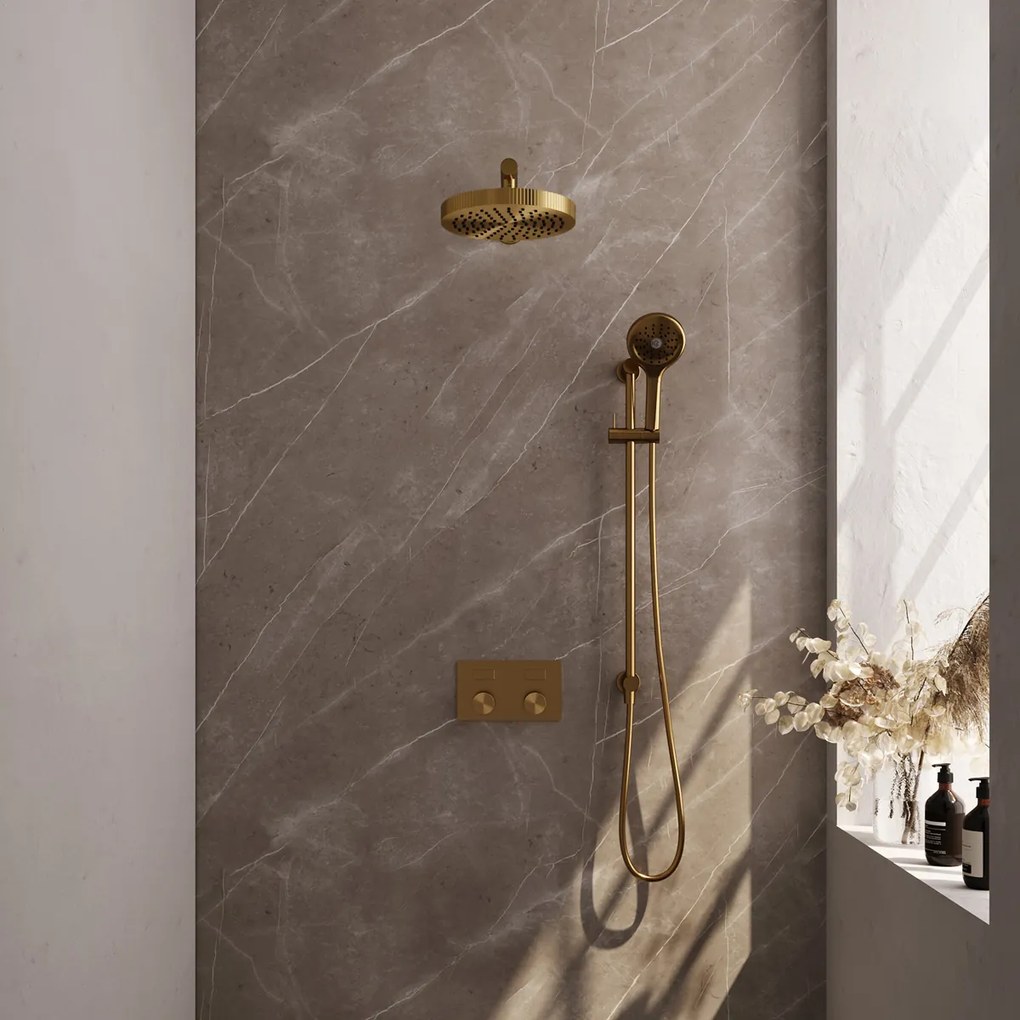 Brauer Stripe inbouw regendouche met 25cm hoofddouche, rechte muurarm, 3 standen handdouche en glijstang set 34 messing geborsteld PVD