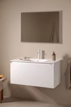 Macrae Zwevend Houten Badkamermeubelset Met Geïntegreerde Wastafel Wit & Rechthoekige Led En Anticondens 100x70 Cm Riben & Wit ↑20 Cm Met Overloop Aft