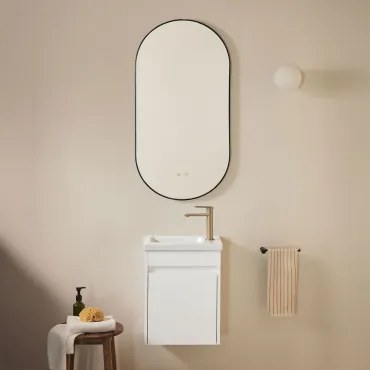Badkamermeubelset In Hout Met Geïntegreerde Wastafel Narek Wit & Ovale Led En Anticondens Zwart 50x100 Cm Asteiro & Goud ↑20 Cm - Sklum