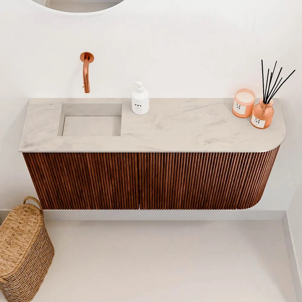 Mondiaz Joya DLux 90cm toiletmeubel ronding rechts ruby met wastafel faye links zonder kraangat opalo