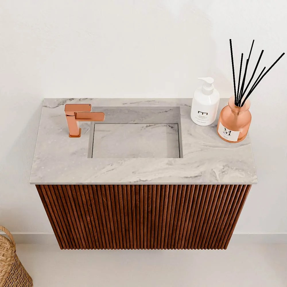 Mondiaz Joya DLux 50cm toiletmeubel ruby met wastafel faye links 1 kraangat glace