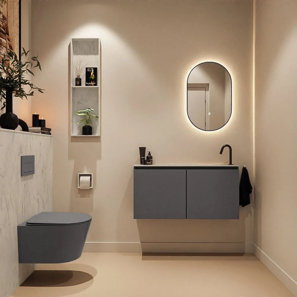 Mondiaz Ture DLux toiletmeubel 100cm dark grey met wastafel opalo rechts met kraangat