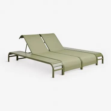 Set Van 2 Verstelbare Ligstoelen En 2 Bijzettafels Van Staal Marietta Groen – Intens Olijf - Sklum