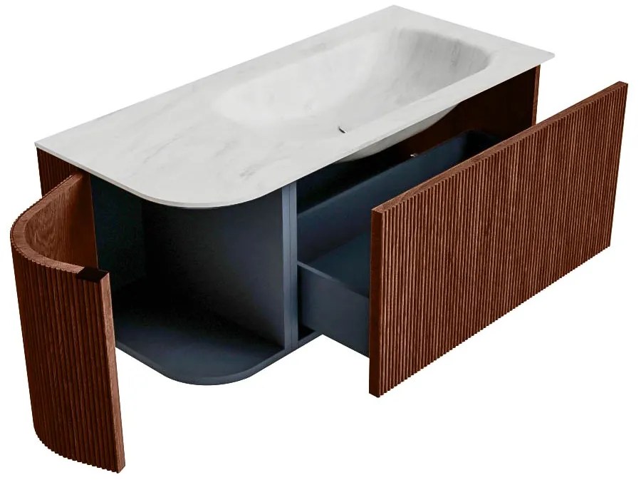 Mondiaz Kurve-dlux 105cm badmeubel ronding links ruby met 1 lade en deur en wastafel big small kraangat rechts opalo