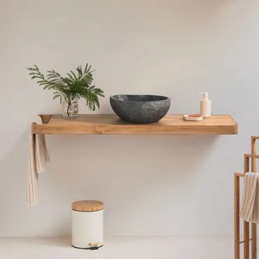 Conjunto Van Meubel 130x45 Cm Hangend In Teakhout Neill Teakhout & Onregelmatige In Zwart Cement ↔︎40 Cm Fedro & Spiegelloze & - Sklum