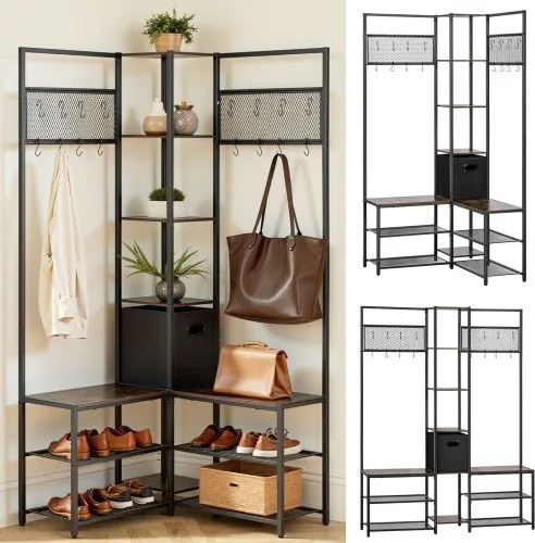 VEVOR Multifunctionele hoekkapstok (180 cm hoog) met haken, plank en stalen frame, kapstok met anti-kantelvoorziening, kledingkastplank voor hal, kantoor, woonkamer, rustiek bruin