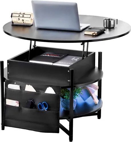 VEVOR salontafel met opklapbaar blad, ronde salontafel van 35,3 inch met extra opbergvakken, opvouwbare salontafel voor de woonkamer, zwart