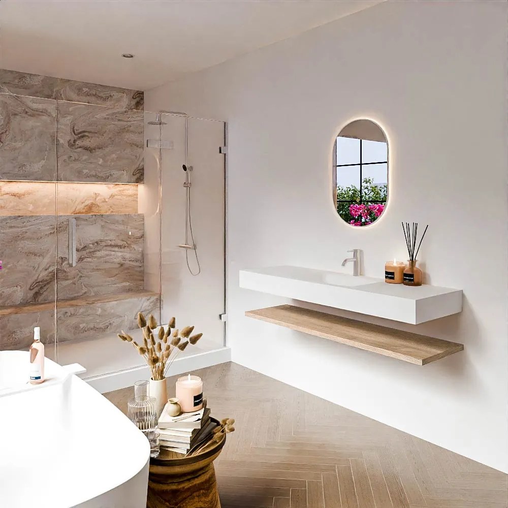 Zaro Alan badmeubel 140cm met planchet washed oak en vrijhangende wastafel cloud midden 1 kraangat talc