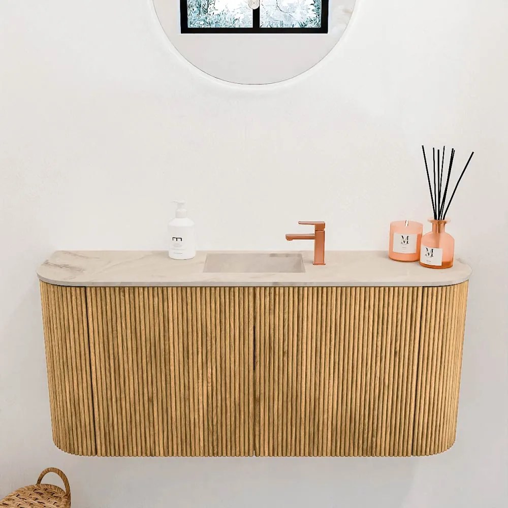 Mondiaz Joya DLux 95cm toiletmeubel ronding links/rechts oak met wastafel faye midden 1 kraangat frappe