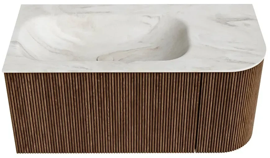 Mondiaz Kurve-dlux 95cm badmeubel ronding rechts walnut met 1 lade en deur en wastafel big small links zonder kraangat ostra